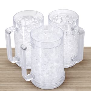 patiomos drinking glasses cups, double wall gel freezer beer mugs, freezer ice mugs cups, 16oz, plastic cooling beer mug clear set of 3 (clear)