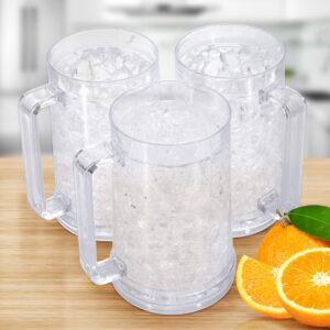 Patiomos Drinking Glasses Cups, Double Wall Gel Freezer Beer Mugs, Freezer Ice Mugs Cups, 16oz, Plastic Cooling Beer Mug Clear Set of 3 (Clear)