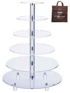jusalpha® large 6-tier acrylic glass round wedding cake stand- cupcake stand tower/dessert stand- pastry serving platter- food display stand (large with rod feet) (6rf)