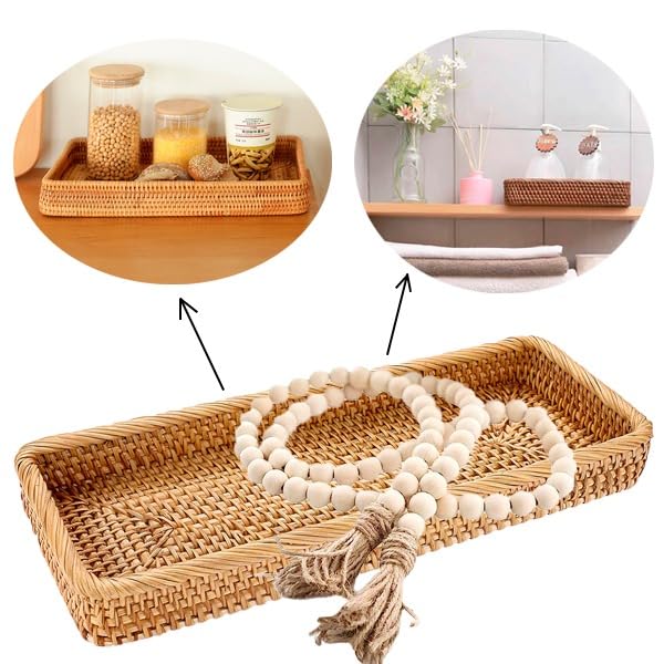 Real Handwoven Rattan Tray with Handmade Wooden Beads Garland, Decorative Tray, Coffee Table Tray or Bathroom Tray, Ottoman Tray Ideal for Home Decoration, Rectangular Serving Tray, Wicker Tray