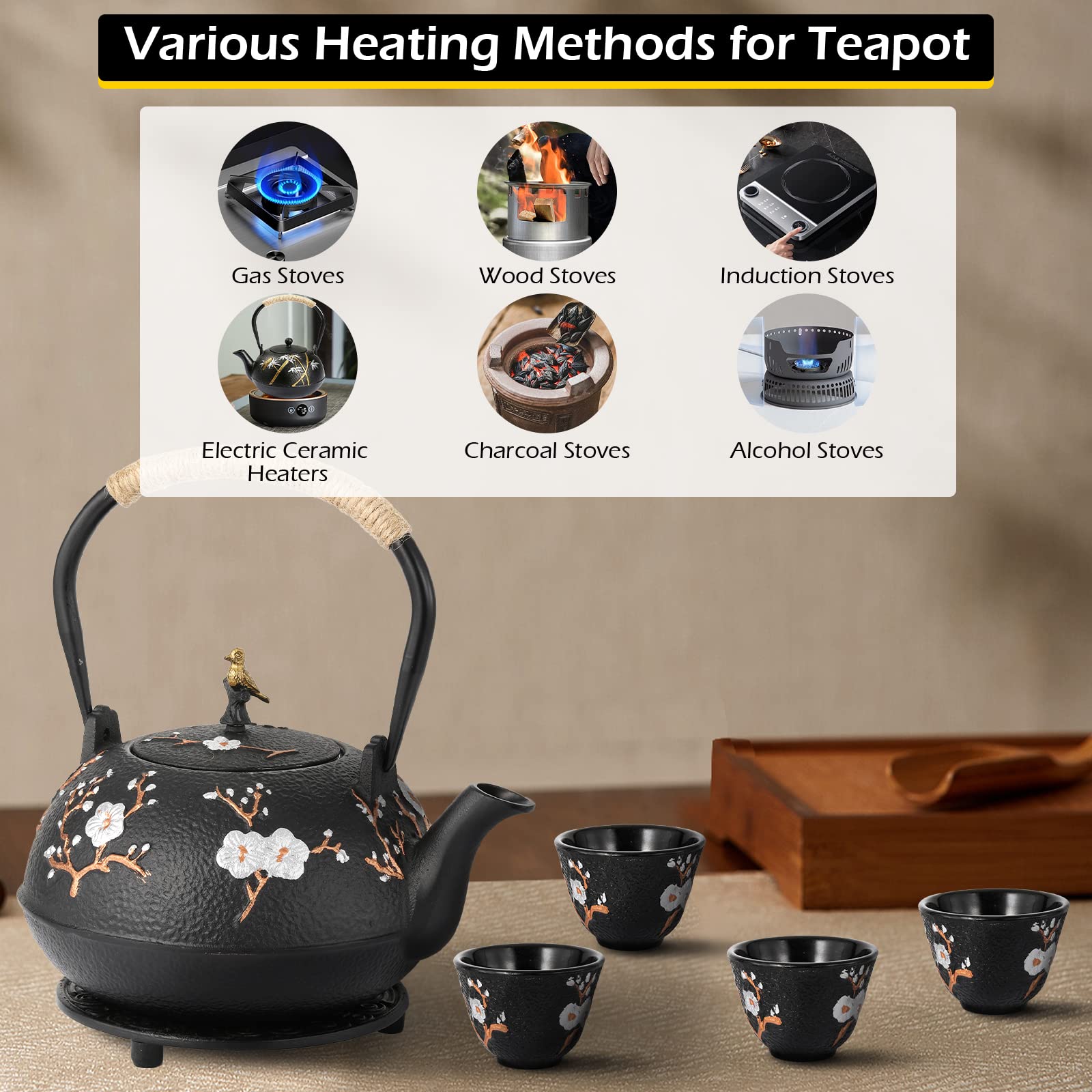 Dyna-Living Cast Iron Teapot Japanese Tea Kettle Set 1200ml/40.6oz Japanese Cast Iron Teapot Set with 4 Tea Cups Japanese Style Tea Pot with Infuser Cast Iron Tea Kettle for Tea Lover