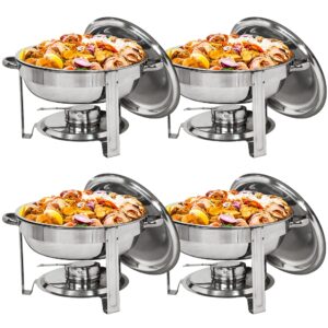 zeny pack of 4 round chafing dish full size 5 quart stainless steel deep pans chafer dish set buffet catering party events warmer serving set utensils w/fuel holder