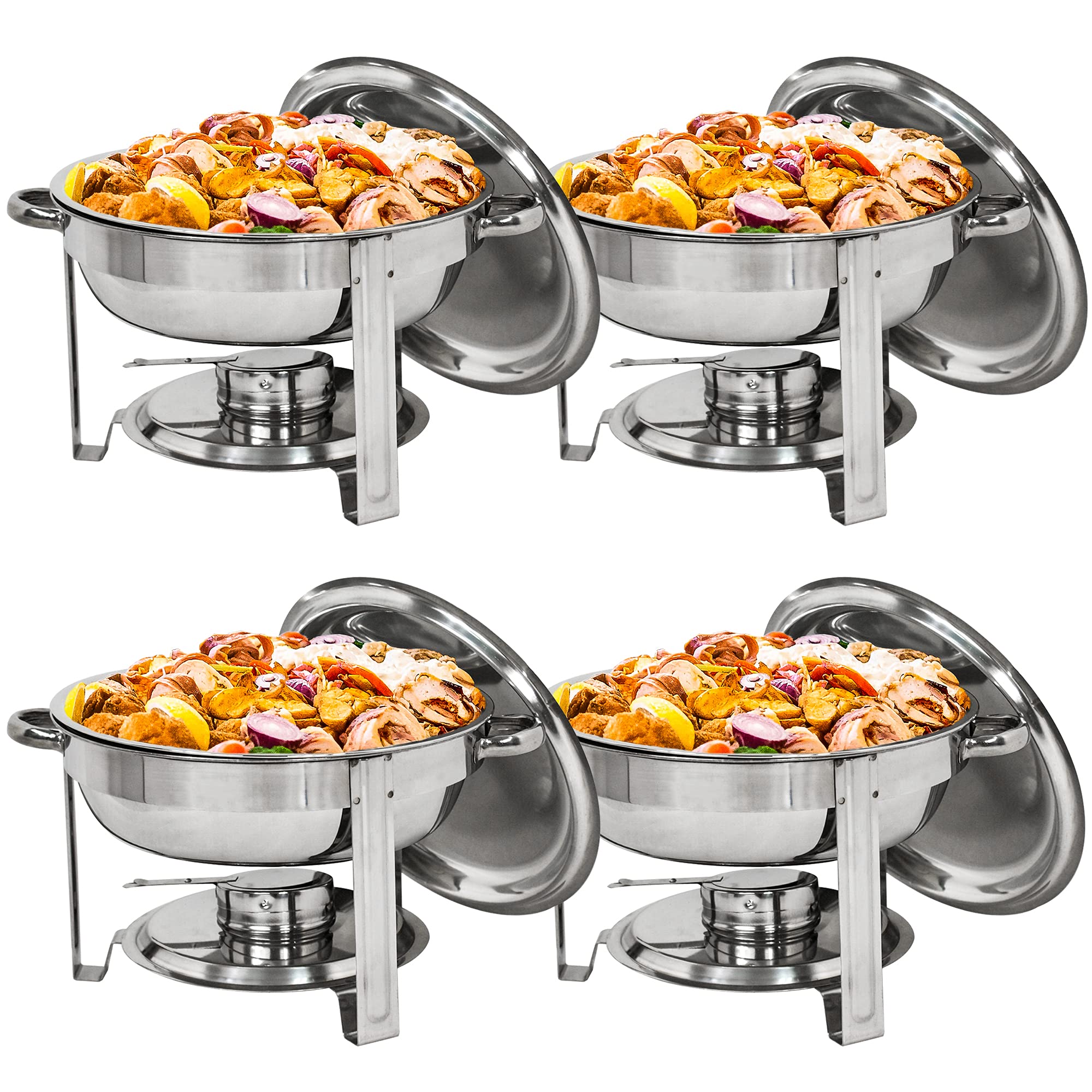 ZENY Pack of 4 Round Chafing Dish Full Size 5 Quart Stainless Steel Deep Pans Chafer Dish Set Buffet Catering Party Events Warmer Serving Set Utensils w/Fuel Holder