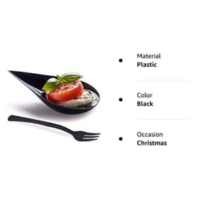 DLux 100 4-in Tear Drop Mini Appetizer Plates with Forks,Reusable Black Plastic Spoons - Desserts and Appetizers Dishes Serving Plate - Asian Spoon Set, Small Catering Dessert Tasting Cups