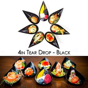 DLux 100 4-in Tear Drop Mini Appetizer Plates with Forks,Reusable Black Plastic Spoons - Desserts and Appetizers Dishes Serving Plate - Asian Spoon Set, Small Catering Dessert Tasting Cups