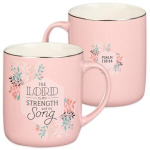 christian art gifts large, 14 oz ceramic scripture coffee & tea mug for women: the lord is my strength - psalm 118:14 inspirational bible verse, lead-free drinkware w/silver rim, pink floral