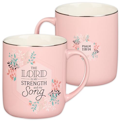 Christian Art Gifts Large, 14 oz Ceramic Scripture Coffee & Tea Mug for Women: The Lord is My Strength - Psalm 118:14 Inspirational Bible Verse, Lead-free Drinkware w/Silver Rim, Pink Floral