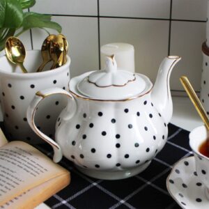 European Style Teapot Handmade Ceramic Teapot Pumpkin Fluted Shape Vintage Tea Party Set Gift (Polka dot)