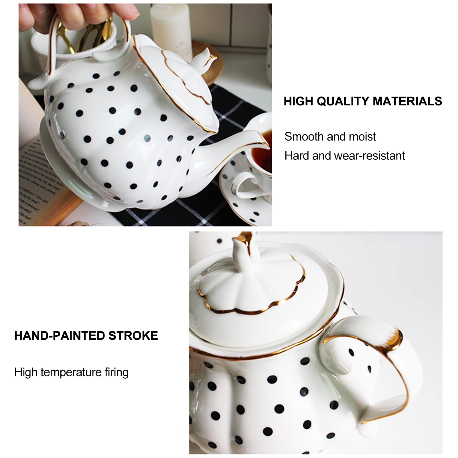 European Style Teapot Handmade Ceramic Teapot Pumpkin Fluted Shape Vintage Tea Party Set Gift (Polka dot)