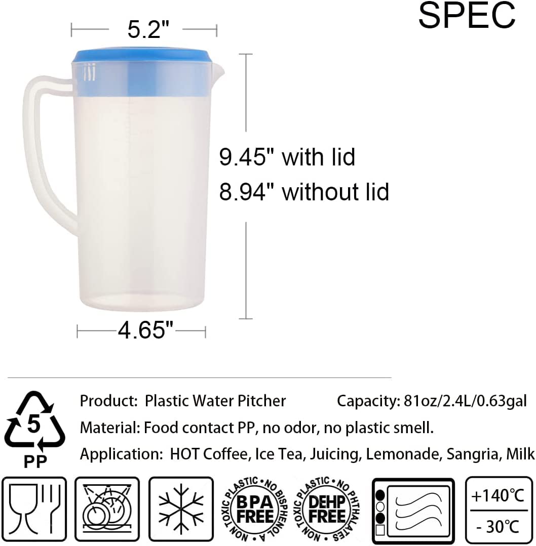 81oz/2.4Litre/0.63 Gallon Plastic Water Pitcher with Lid BPA-FREE Carafes Mix Drinks Water Jug for Hot/Cold Juice Beverage Ice Tea (Navy, 81oz)