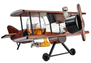 whiskey & wine decanter airplane set and glasses antique wood airplane - the wine savant whiskey gift set and 2 airplane glasses, pilot gift moving parts- alcohol related gift, bar decor large 21"