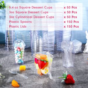 Jerify 150 Pack Plastic Dessert Cups with Lids and Spoons 3 oz Mini Dessert Cups with Spoons 5.4 oz Square Clear Dessert Shooter Cups Parfait Appetizer Cups Disposable Small Mousse Container for Party