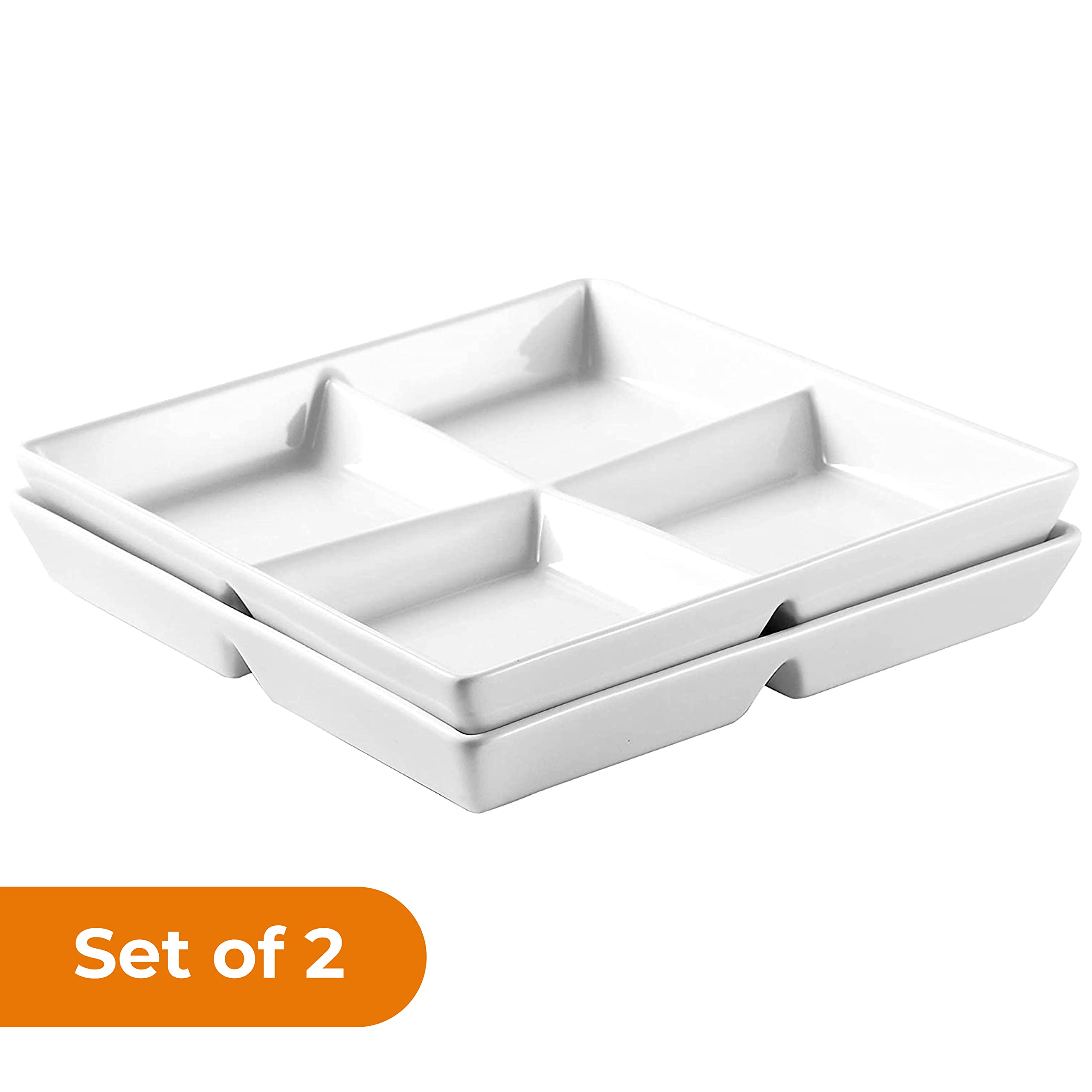 Bruntmor Christmas Snacks Dinner Serving Tray Dish in White |10 x 10 inch Set Of 2 Decorative Ceramic Appetizer 4 -Compartment Serving Platter Tray | Christmas Platter | Chafing Dish | Serving Dishes