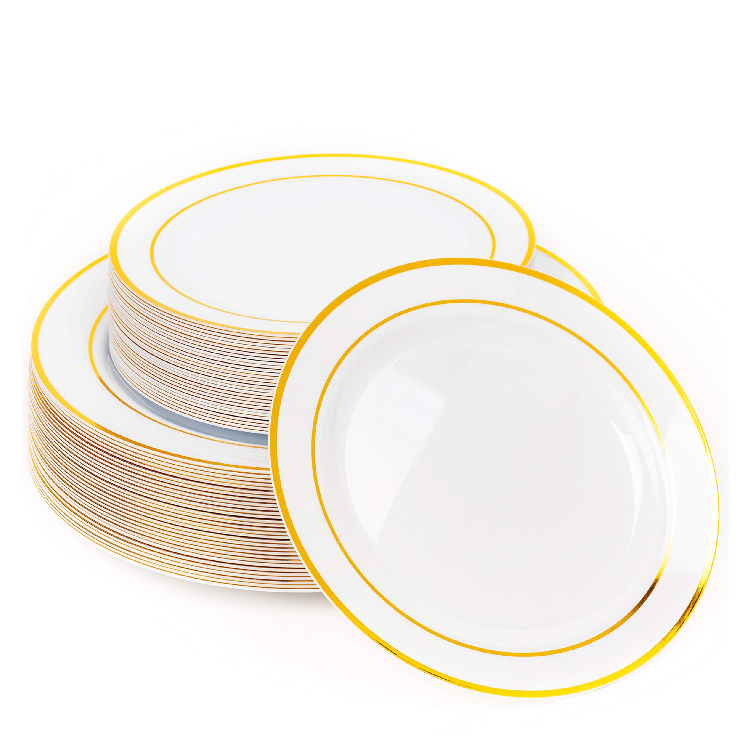 MATANA 60 pc Reusable Gold Plastic Plates with White Gold Rim - 30 Dinner Plates 10.25" Inch, 30 Salad Dessert Appetizer Plates 7.5" Inch, Heavy Duty, Elegant, Premium for Parties, Wedding & Events