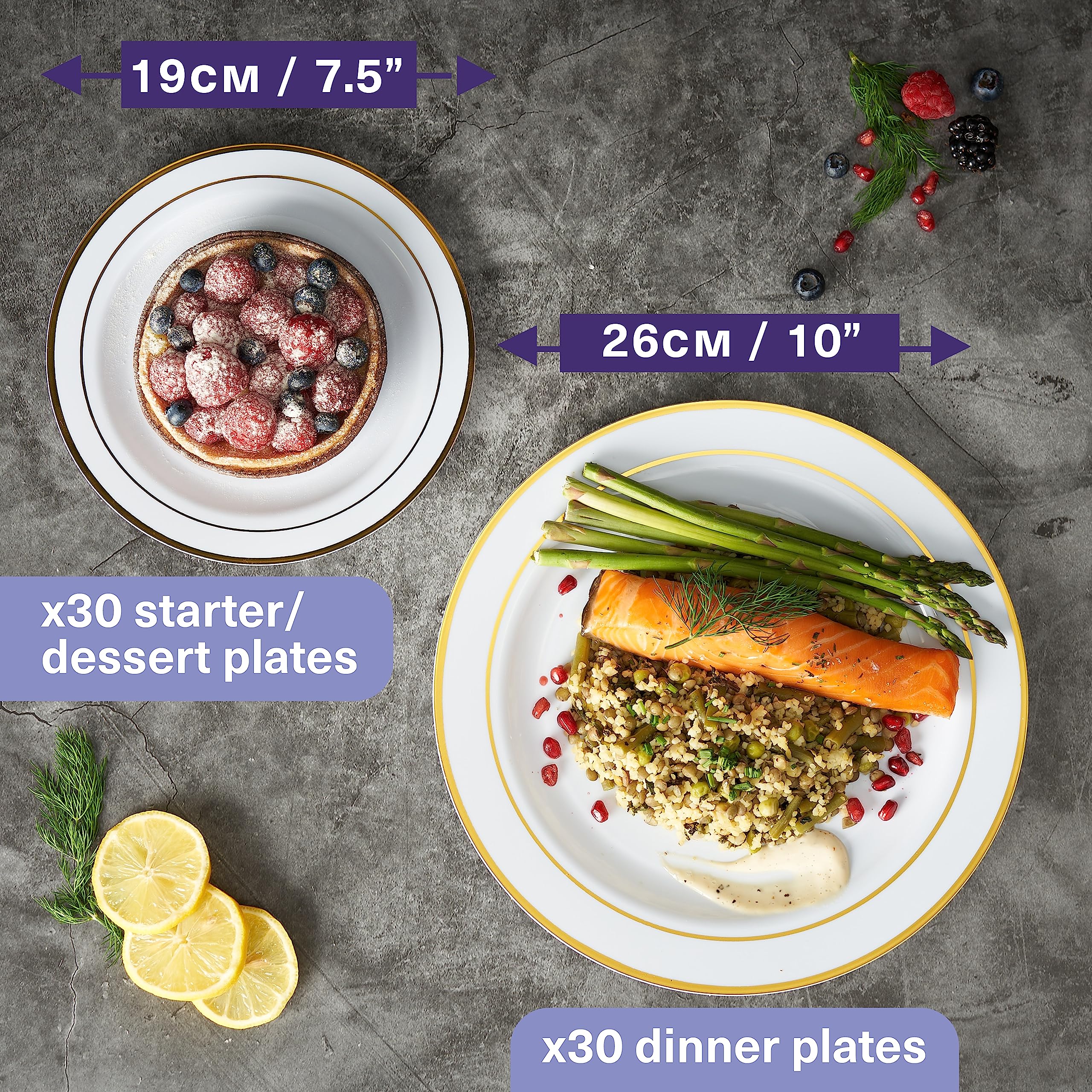 MATANA 60 pc Reusable Gold Plastic Plates with White Gold Rim - 30 Dinner Plates 10.25" Inch, 30 Salad Dessert Appetizer Plates 7.5" Inch, Heavy Duty, Elegant, Premium for Parties, Wedding & Events