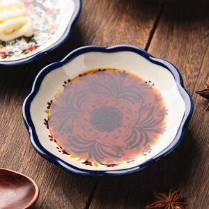 Sizikato 4pcs Porcelain Appetizer Plate, 4-Inch Snack Plate Sauce Dipping Saucer, Exotic Flower Pattern