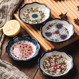 Sizikato 4pcs Porcelain Appetizer Plate, 4-Inch Snack Plate Sauce Dipping Saucer, Exotic Flower Pattern