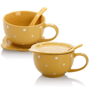 youeon set of 2 jumbo coffee and soup mug set, 16 oz porcelain oatmeal mug with lid and spoon, large cereal mugs, multi purpose wide mug for breakfast, cereal, milk, coffee, hot cocoa, fruit