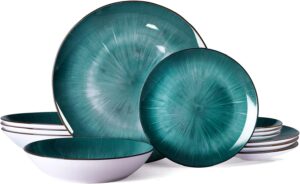 bestone 12 piece round kitchen dinnerware set,plates and bowls sets,dishes, plates, bowls, dish set，plates and bowls,service for 4, chip resistant porcelain，starburst turquoise green