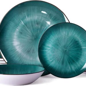 Bestone 12 Piece Round Kitchen Dinnerware Set,Plates and Bowls sets,Dishes, Plates, Bowls, Dish Set，Plates and Bowls,Service for 4, Chip Resistant Porcelain，Starburst Turquoise green