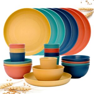 wheat straw dinnerware sets for 8, osonm 24pcs unbreakable reusable plastic plates bowls cups set, dishwasher microwave safe dishes set for camping, rv, picnic, kitchen, dorm (multicolor)