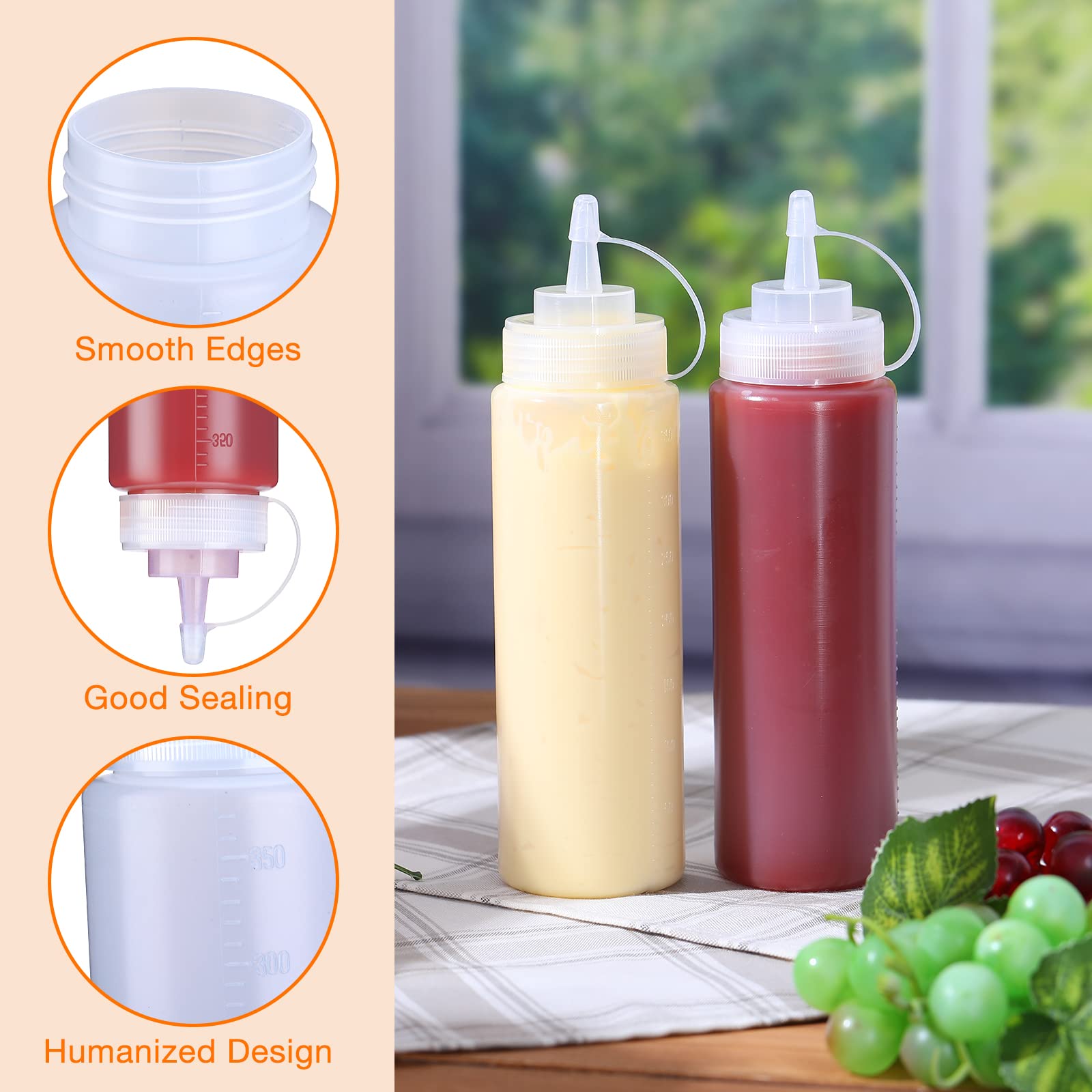 24 Pcs 12 oz Plastic Condiment Squeeze Bottles Squeeze Leak Proof Multipurpose Squirt Bottles with Twist Top Cap for Sauces Ketchup BBQ Syrup Dressings Paint Grilling Crafts Olive Oil Arts, Clear