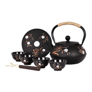 japanese style cast iron teapot with 4 tea cups trivet tetsubin tea kettle with infuser chinese tea set for adults iron tea pots black (magpie and plum pattern)