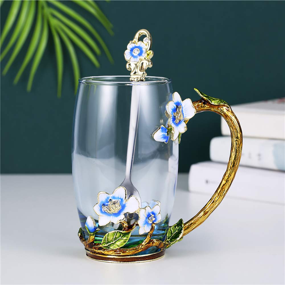 Tea Cup Glass Mug Cups, Mother's Day Gifts, Handmade Enamel Flower Coffee Cup with Spoon Set, Unique Gift Valentine's Birthday Wedding Christmas for Mom Women Grandma Teacher Friend-13 OZ Blue Tall