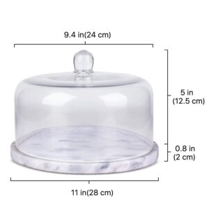 Flexzion Marble Cake Stand with Lid Round Glass Cover Glass Dome Cake Saver Cheese Holder Serving Platter Stone Cake Stand Cutting Board Slab Set for Kitchen Dining Bakery Pastries Display, 11 Inches