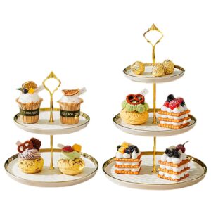 CofeLife Set of 2 Porcelain Cupcake Stand Ceramic Dessert Stand Tiered Serving Trays with Gold Rod, 3 Tiers and 2 Tiers Cake Stand Party Serving Trays Fruit Pastry Holders for Wedding and Party