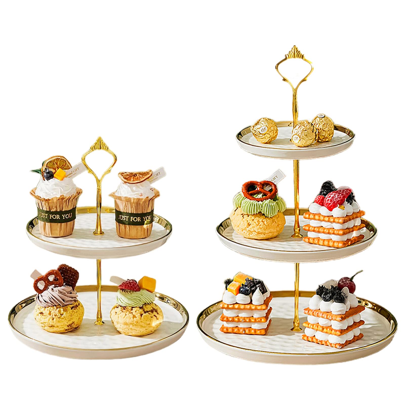 CofeLife Set of 2 Porcelain Cupcake Stand Ceramic Dessert Stand Tiered Serving Trays with Gold Rod, 3 Tiers and 2 Tiers Cake Stand Party Serving Trays Fruit Pastry Holders for Wedding and Party