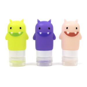 yumbox silicone squeeze bottle (set of 3 - funny monsters) leakproof mini condiment squeeze bottles, sauce containers for lunch box, salad dressing bottles with flip cap, easy fill and clean.