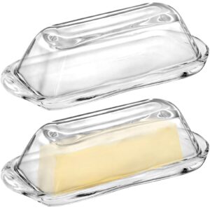 okllen 2 pack glass butter dish with lid, large butter container classic butter holder with cover, butter keeper saver, bpa free, dishwasher safe, clear
