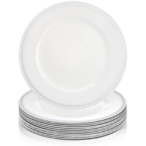 okllen 12 pack plastic round charger plates, 13" dinner chargers decorative plates with beaded rim, embossed charger serving plates for wedding, catering event, tabletop decor, white