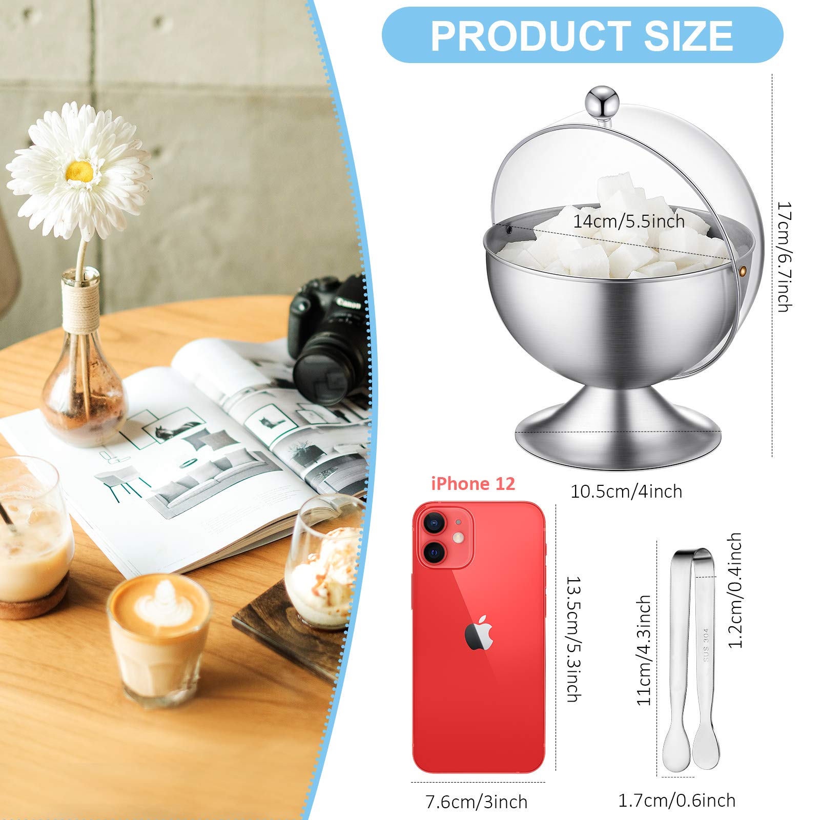 Patelai Sugar Bowl with Roll Top Stainless Steel Spherical Candies Bowl and 4.3 Inch Sugar Tong Stainless Sugar Clip for Household Kitchen Coffee Bar Beverage Serving