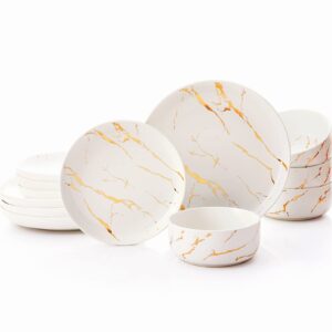 pokini gold splash dinnerware sets, 12-pieces plates and bowls sets, modern marble porcelain, dishes set for 4, white
