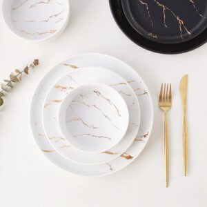 Pokini Gold Splash Dinnerware Sets, 12-Pieces Plates and Bowls Sets, Modern Marble Porcelain, Dishes Set for 4, White