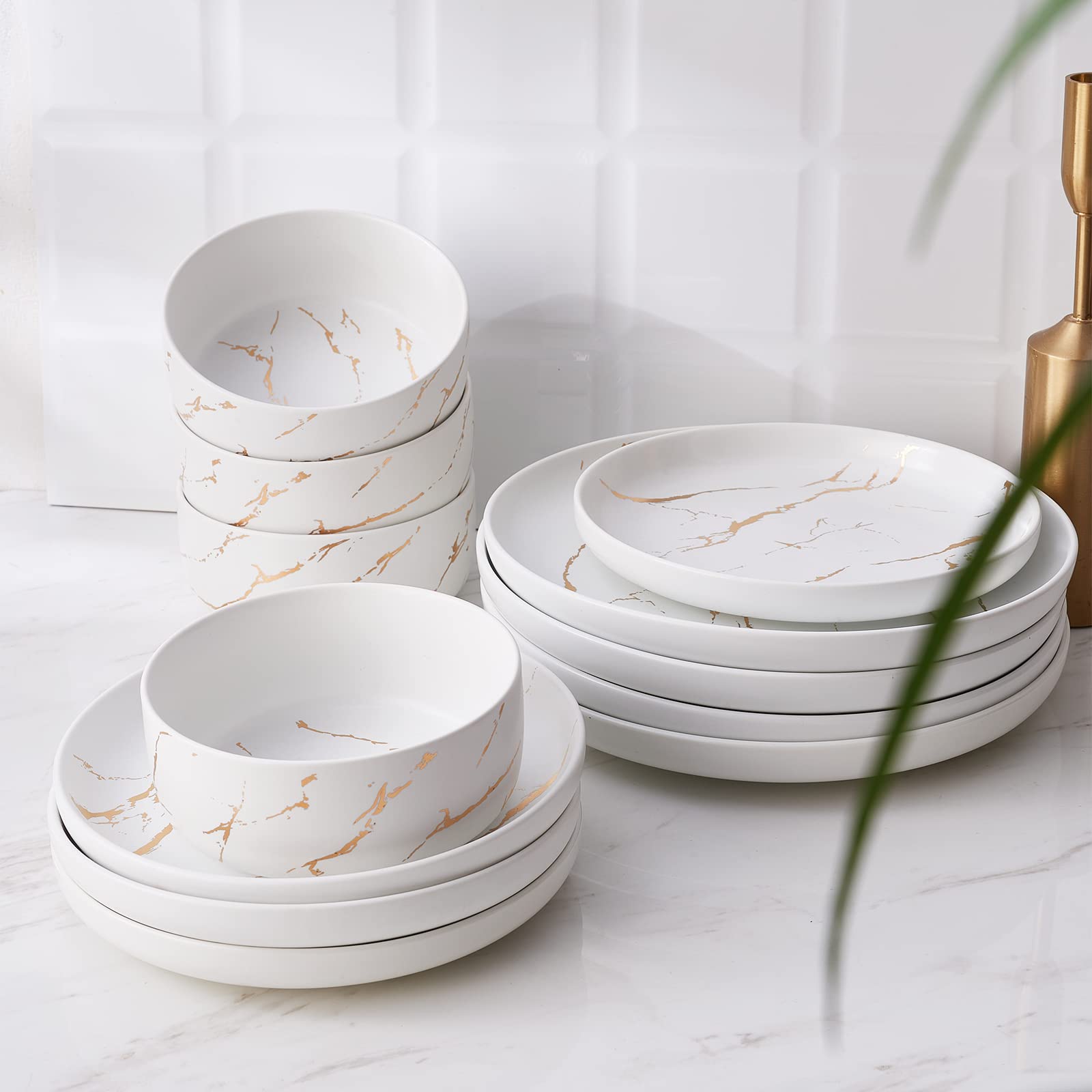 Pokini Gold Splash Dinnerware Sets, 12-Pieces Plates and Bowls Sets, Modern Marble Porcelain, Dishes Set for 4, White