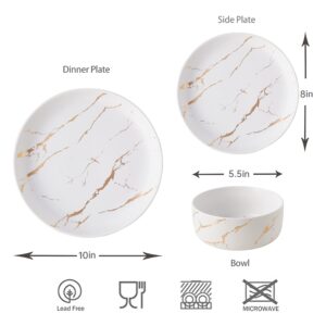 Pokini Gold Splash Dinnerware Sets, 12-Pieces Plates and Bowls Sets, Modern Marble Porcelain, Dishes Set for 4, White