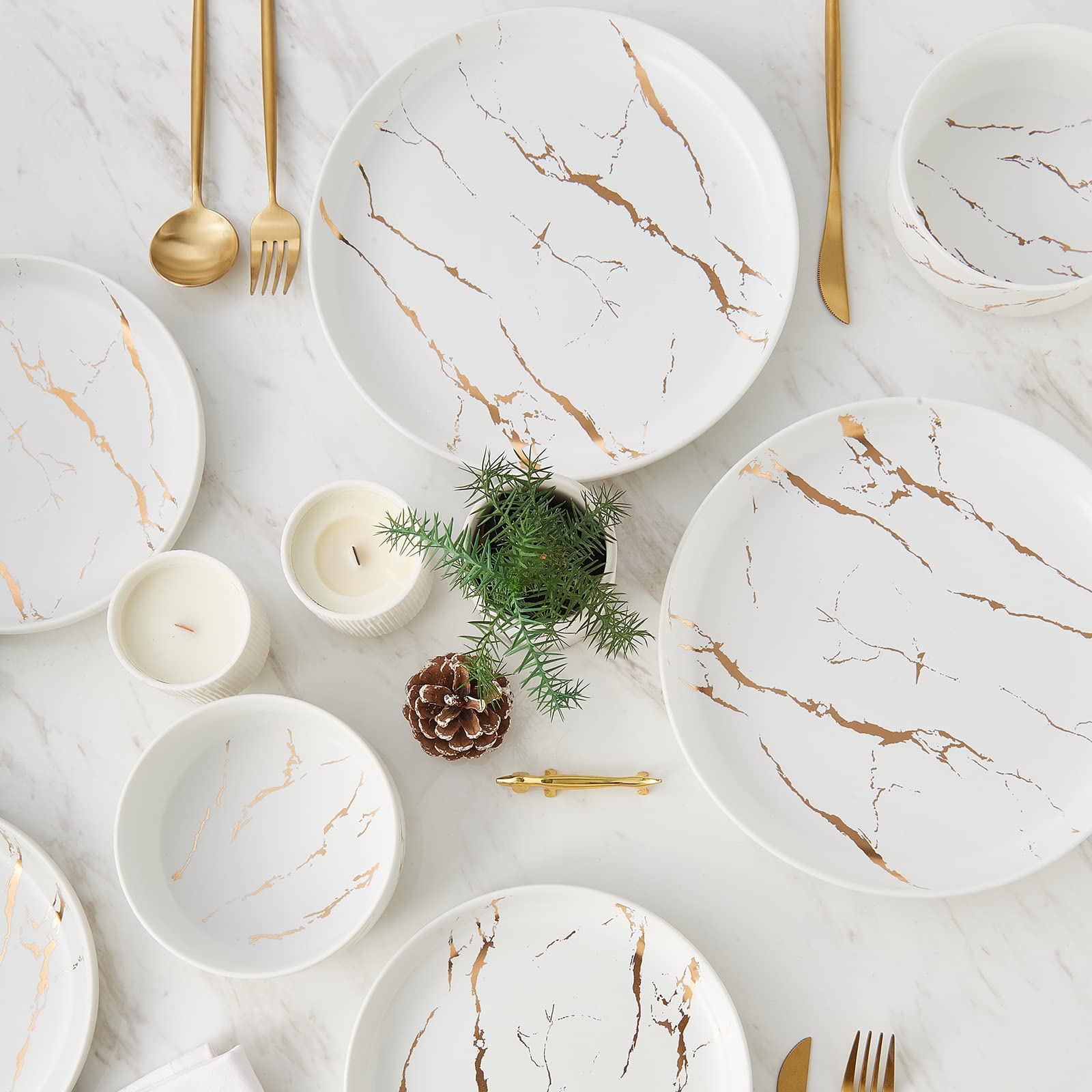 Pokini Gold Splash Dinnerware Sets, 12-Pieces Plates and Bowls Sets, Modern Marble Porcelain, Dishes Set for 4, White