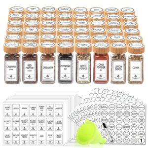 swommoly 48 glass spice jars with 806 white spice labels, square spice bottles 4 oz empty spice containers with bamboo lids, chalk marker and funnel complete set.