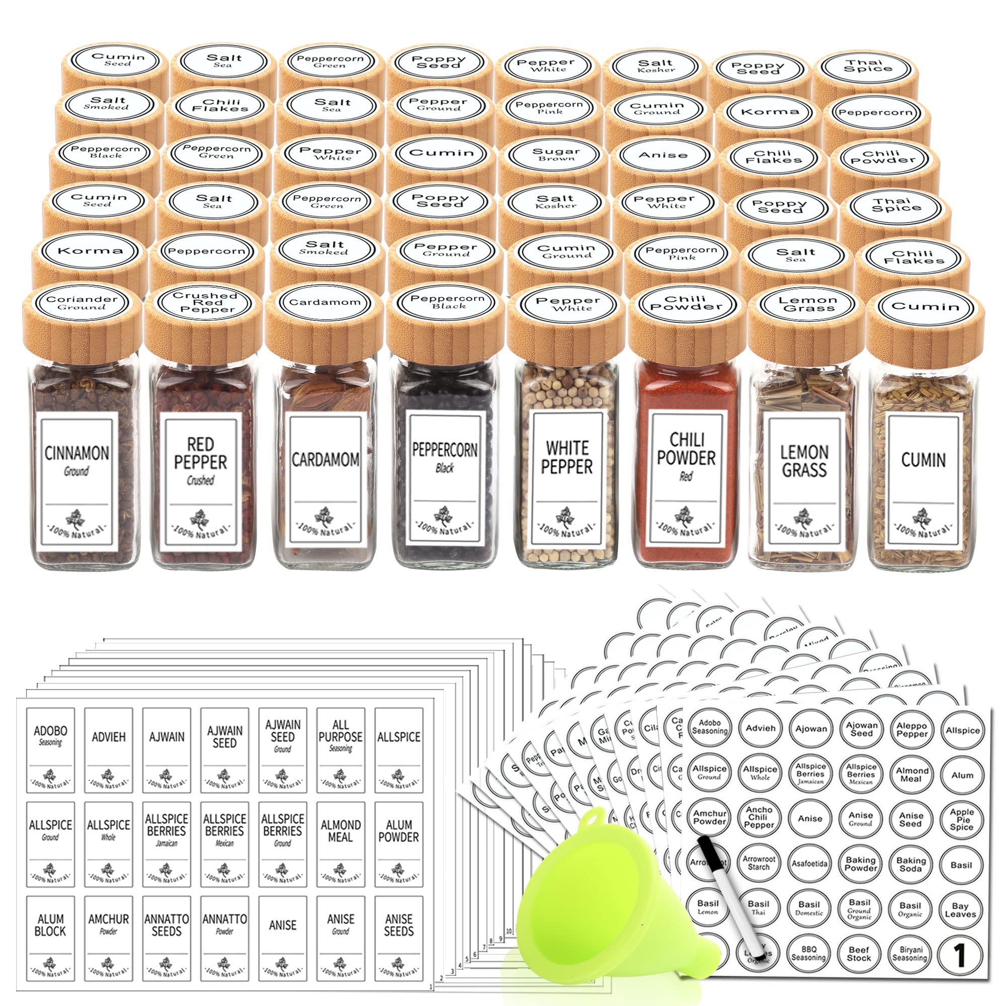 SWOMMOLY 48 Glass Spice Jars with 806 White Spice Labels, Square Spice Bottles 4 oz Empty Spice Containers with Bamboo Lids, Chalk Marker and Funnel Complete Set.