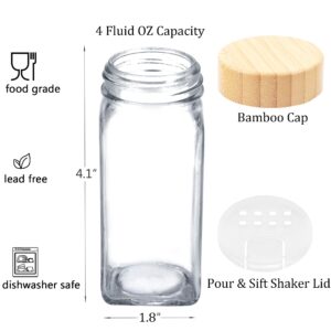 SWOMMOLY 48 Glass Spice Jars with 806 White Spice Labels, Square Spice Bottles 4 oz Empty Spice Containers with Bamboo Lids, Chalk Marker and Funnel Complete Set.