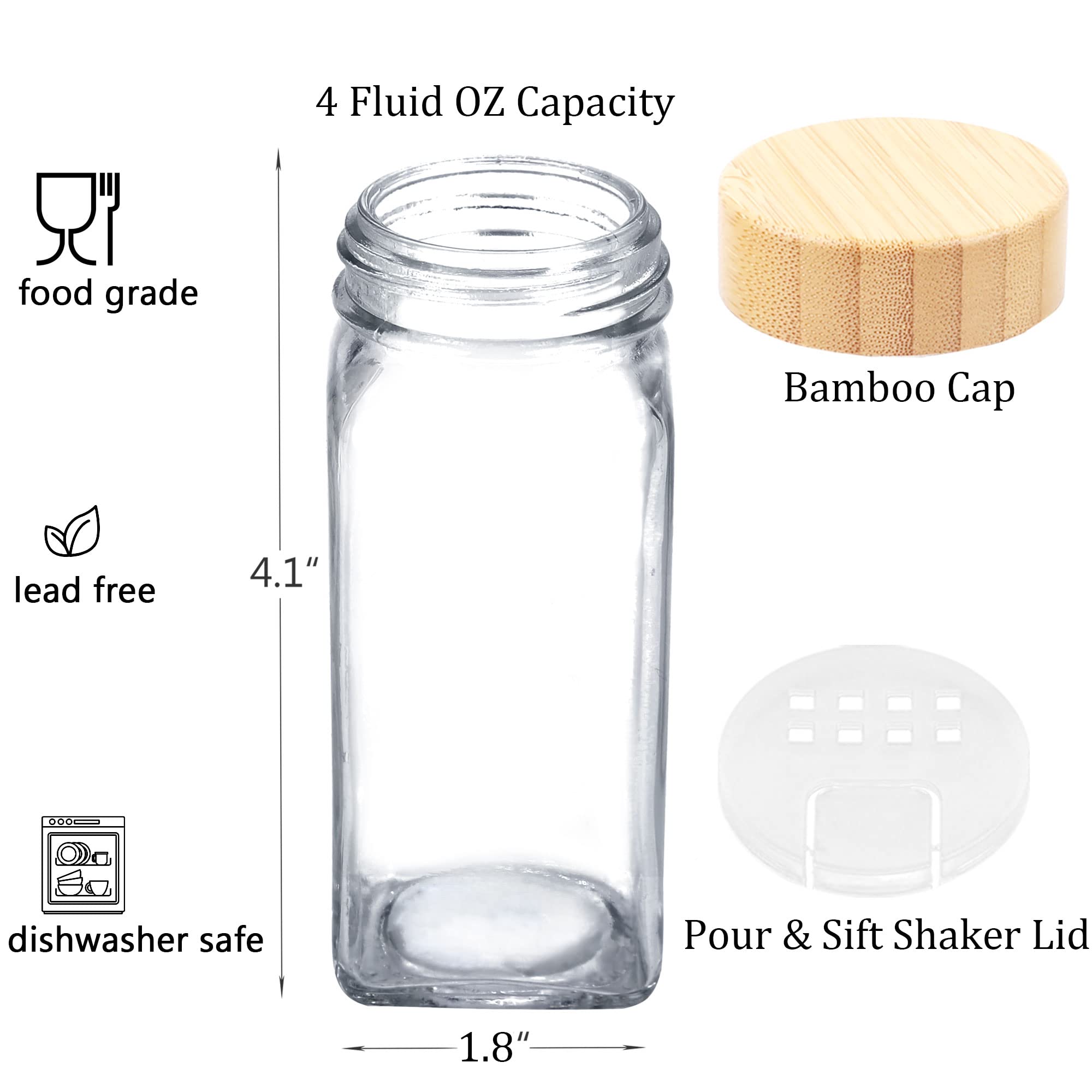 SWOMMOLY 48 Glass Spice Jars with 806 White Spice Labels, Square Spice Bottles 4 oz Empty Spice Containers with Bamboo Lids, Chalk Marker and Funnel Complete Set.
