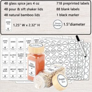 SWOMMOLY 48 Glass Spice Jars with 806 White Spice Labels, Square Spice Bottles 4 oz Empty Spice Containers with Bamboo Lids, Chalk Marker and Funnel Complete Set.