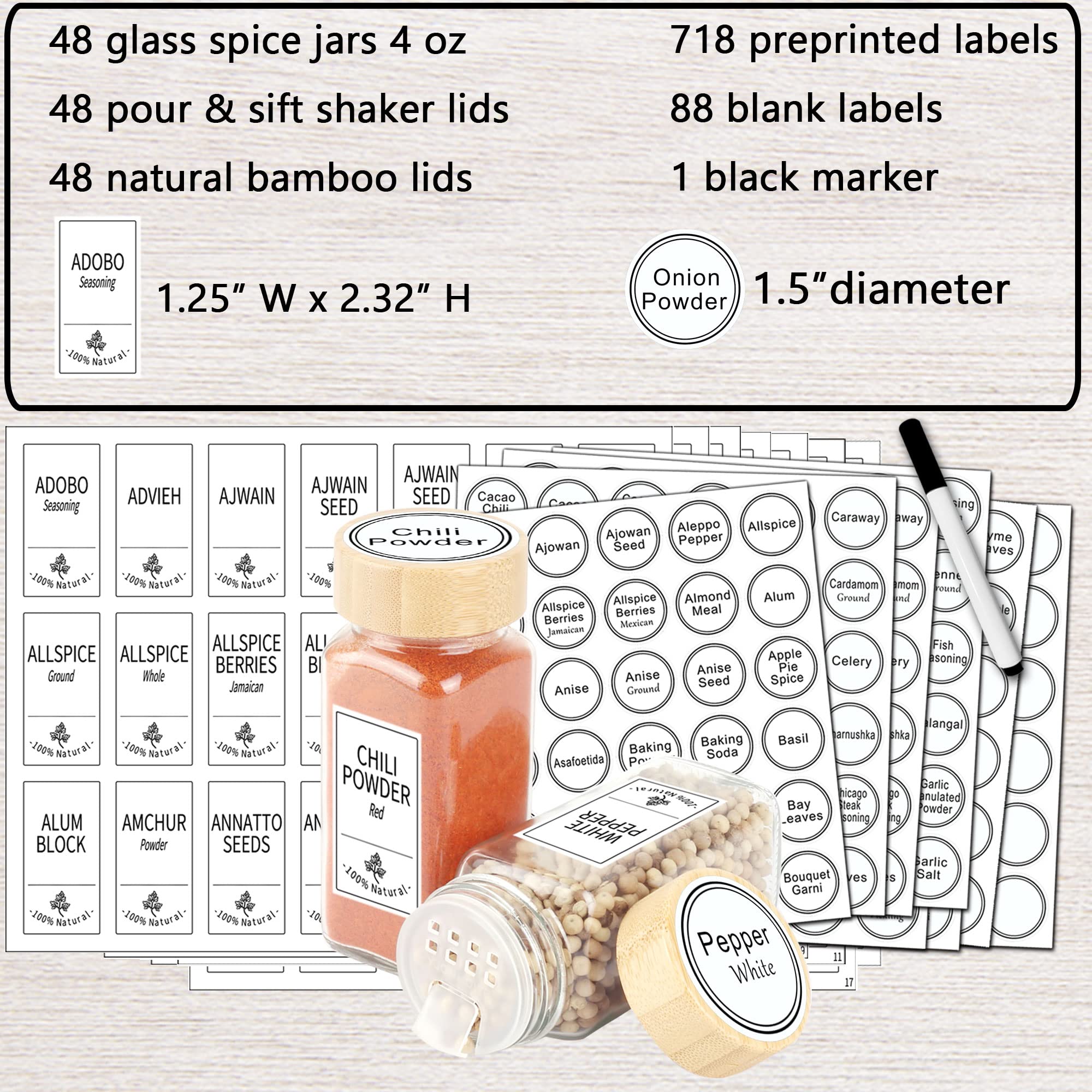 SWOMMOLY 48 Glass Spice Jars with 806 White Spice Labels, Square Spice Bottles 4 oz Empty Spice Containers with Bamboo Lids, Chalk Marker and Funnel Complete Set.