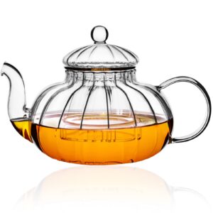 paracity glass teapot stovetop 27 oz with vertical stripes, borosilicate clear tea kettle with removable glass infuser, vintage teapot blooming and loose leaf tea maker tea brewer for camping, travel