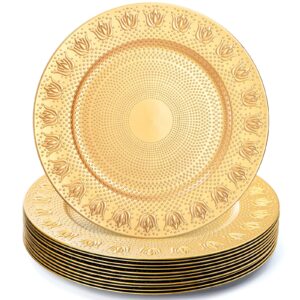 wuweot 12 pack gold charger plates, 13" plastic round dinner under plates bulk, reusable charger service base plates with embossed pattern for party, wedding, catering event, tabletop decor