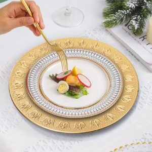 WUWEOT 12 Pack Gold Charger Plates, 13" Plastic Round Dinner Under Plates Bulk, Reusable Charger Service Base Plates with Embossed Pattern for Party, Wedding, Catering Event, Tabletop Decor