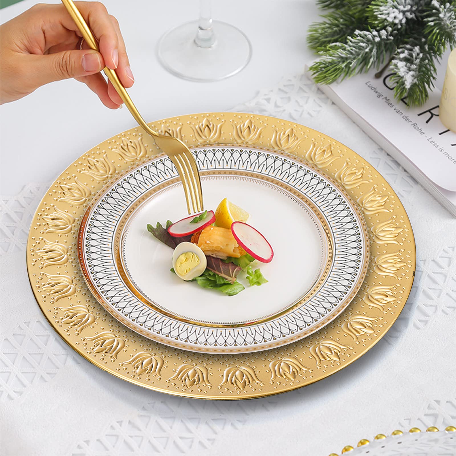 WUWEOT 12 Pack Gold Charger Plates, 13" Plastic Round Dinner Under Plates Bulk, Reusable Charger Service Base Plates with Embossed Pattern for Party, Wedding, Catering Event, Tabletop Decor